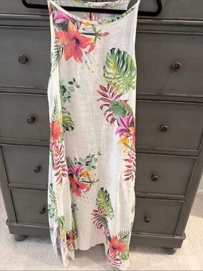 Tropical Floral Maxi Dress in White with Pink & Green